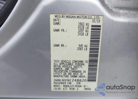 2019 Nissan Altima 2.5 Sl из США, поврежденный, VIN 1N4BL4EV3KC248620